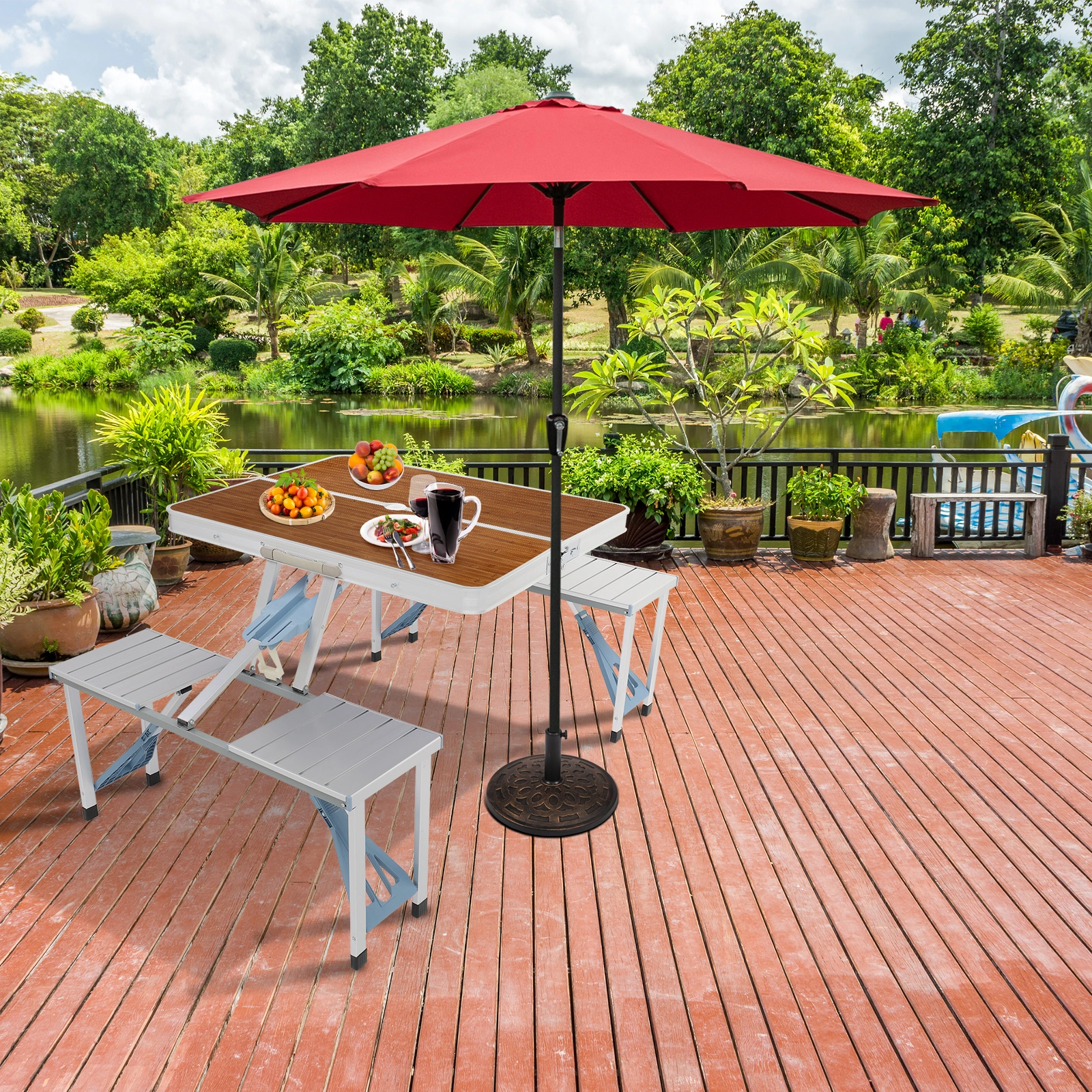 136*85.5*67cm 50kg Aluminum Alloy Table And Chair One Piece Camping One Piece Table And Chair Wood Grain Color view 7