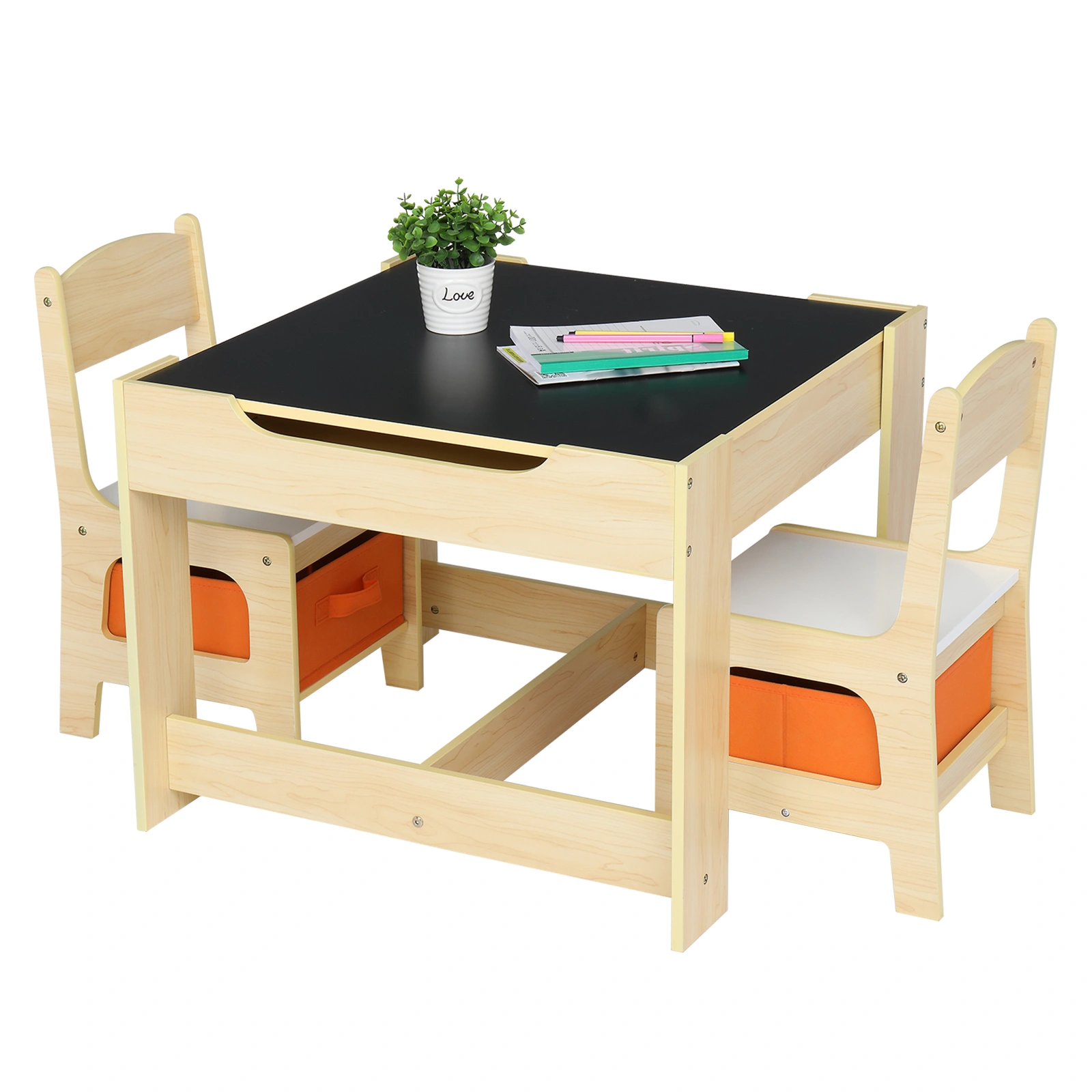 Children's Wooden Table And Chair Set With Two Storage Bags One Table And Two Chairs
