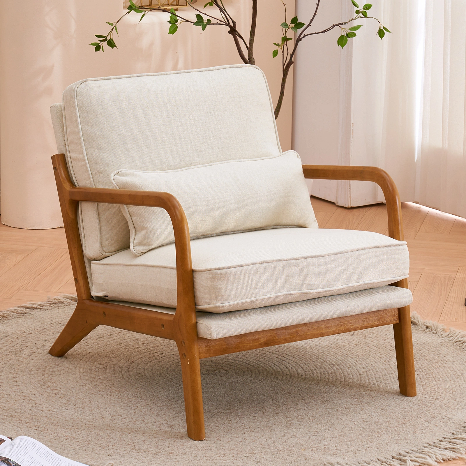 Oak Armrest Oak Upholstered Single Lounge Chair Indoor Lounge Chair Off-White view 23
