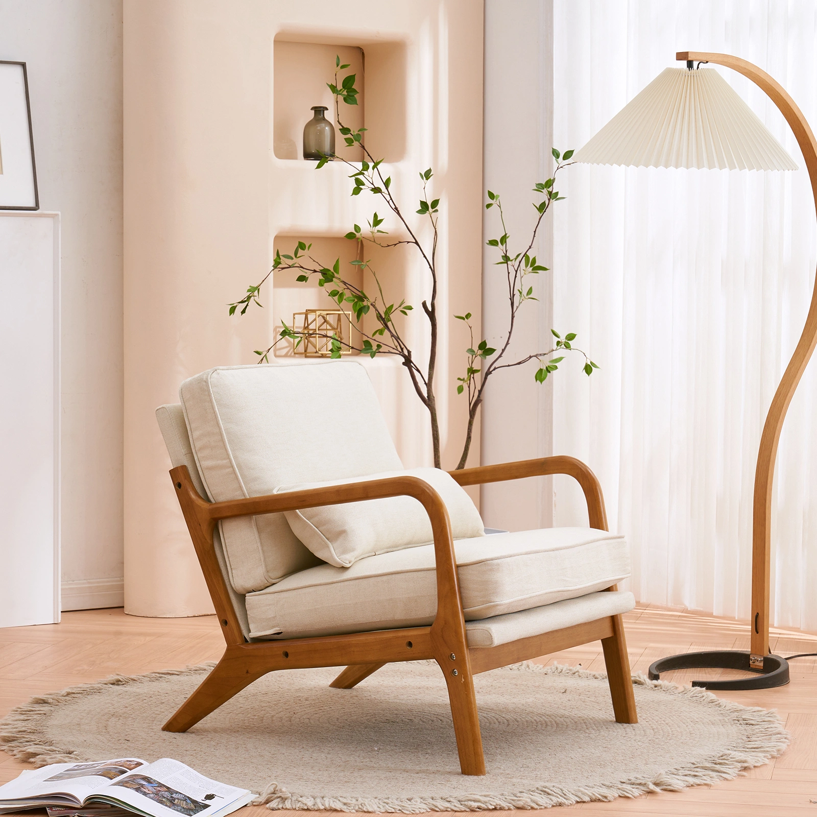 Oak Armrest Oak Upholstered Single Lounge Chair Indoor Lounge Chair Off-White view 24