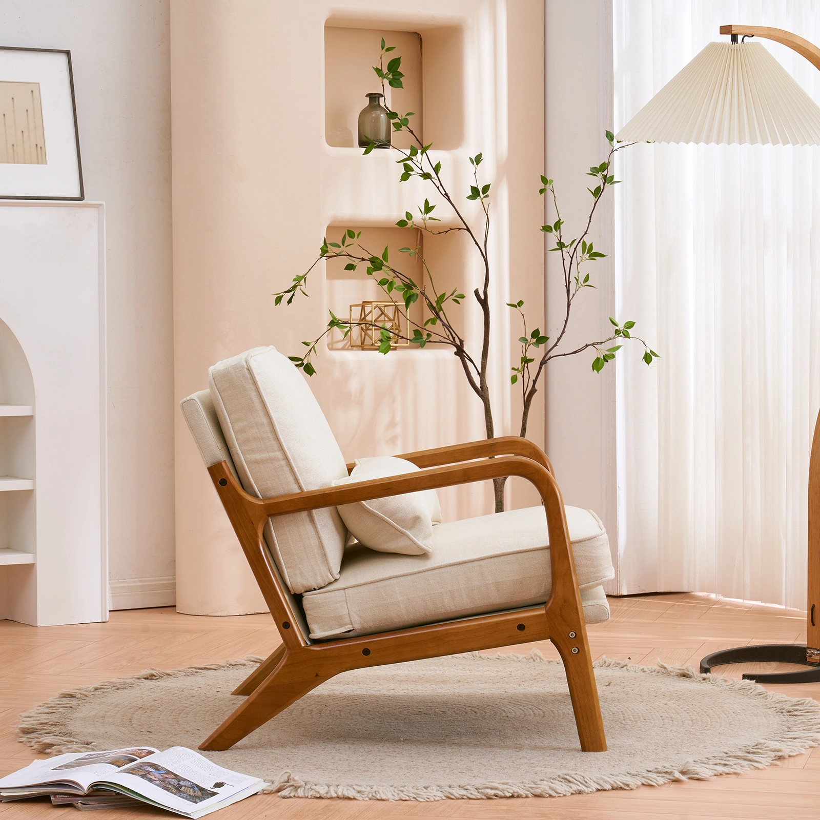 Oak Armrest Oak Upholstered Single Lounge Chair Indoor Lounge Chair Off-White view 30