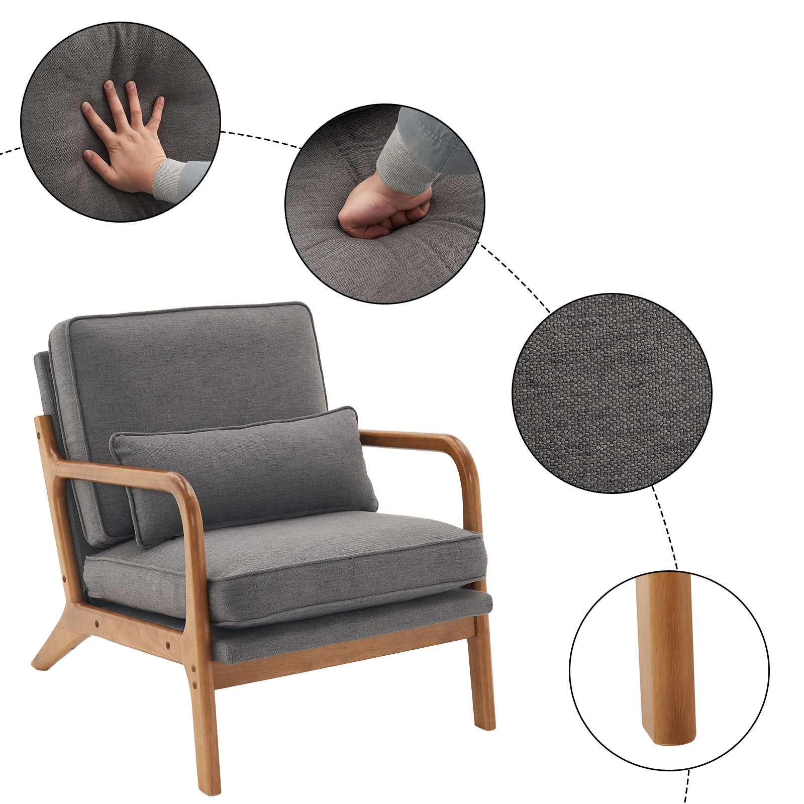 Oak Armrest Oak Upholstered Single Lounge Chair Indoor Lounge Chair Dark Grey view 2
