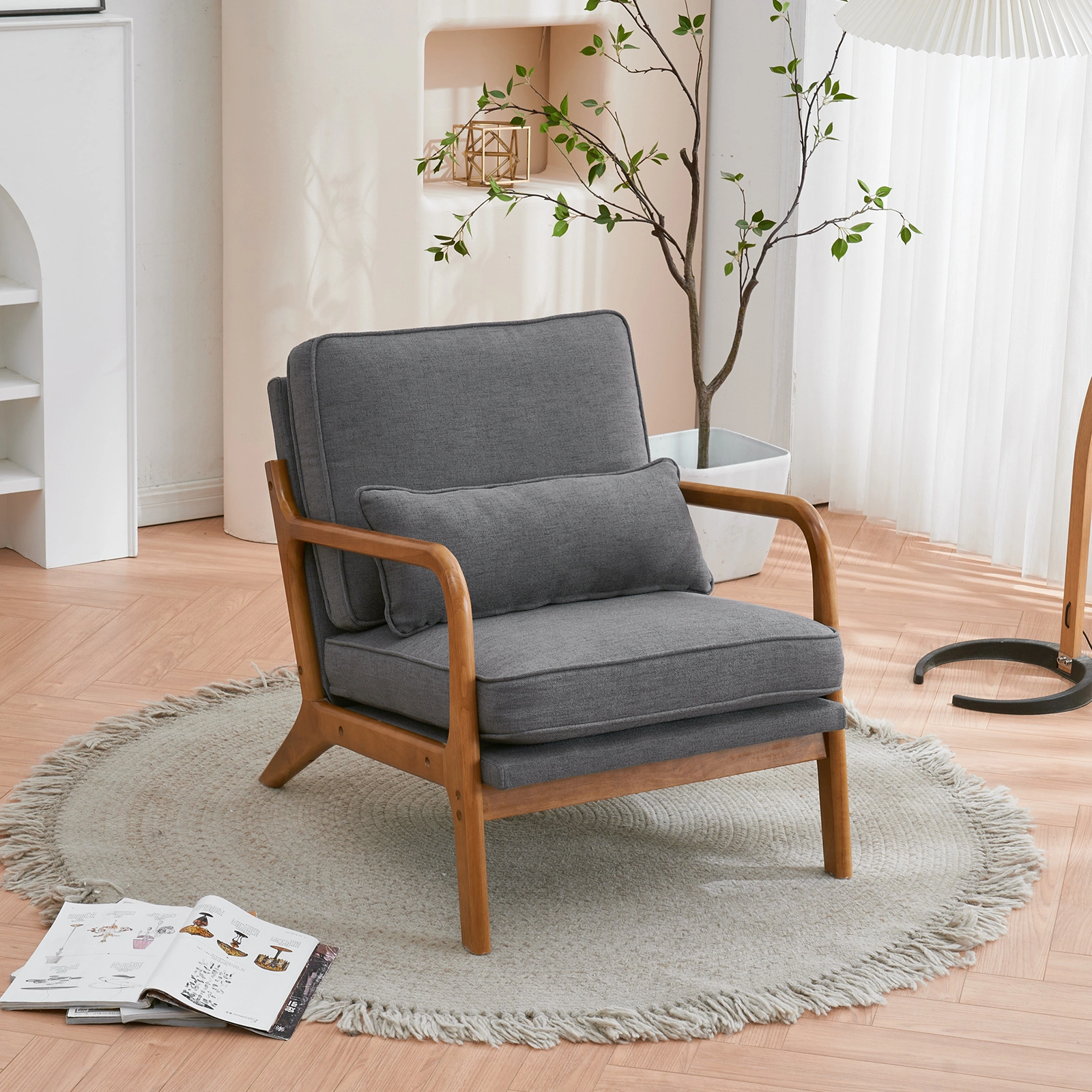 Oak Armrest Oak Upholstered Single Lounge Chair Indoor Lounge Chair Dark Grey view 20