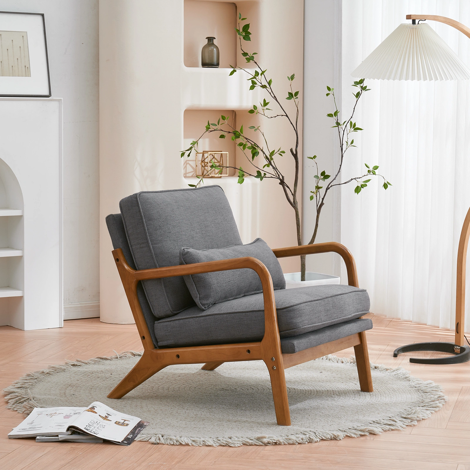 Oak Armrest Oak Upholstered Single Lounge Chair Indoor Lounge Chair Dark Grey view 26