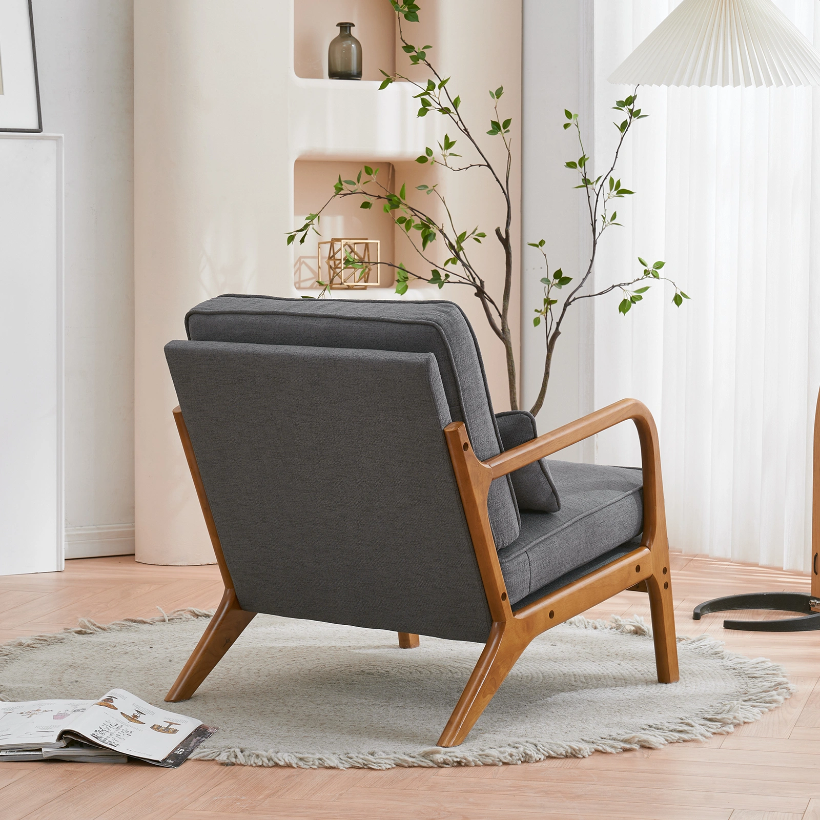 Oak Armrest Oak Upholstered Single Lounge Chair Indoor Lounge Chair Dark Grey view 33