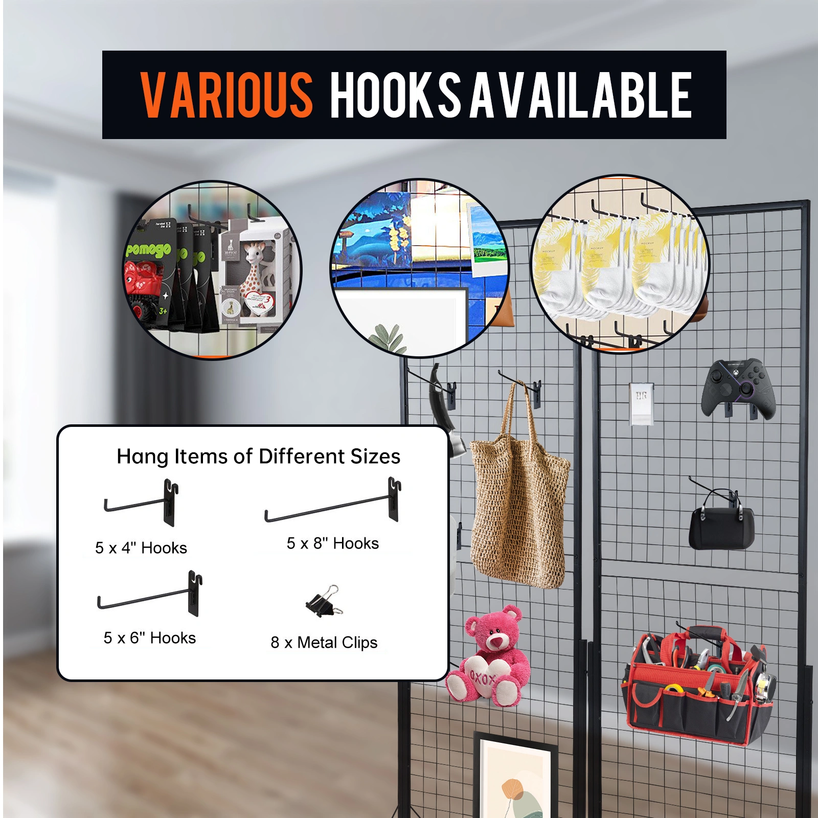 2-Pack 24"x67" Commercial Grid Wall Display with T-Base Stand Double-Sided Wire Panel Includes Hooks & Clips view 3
