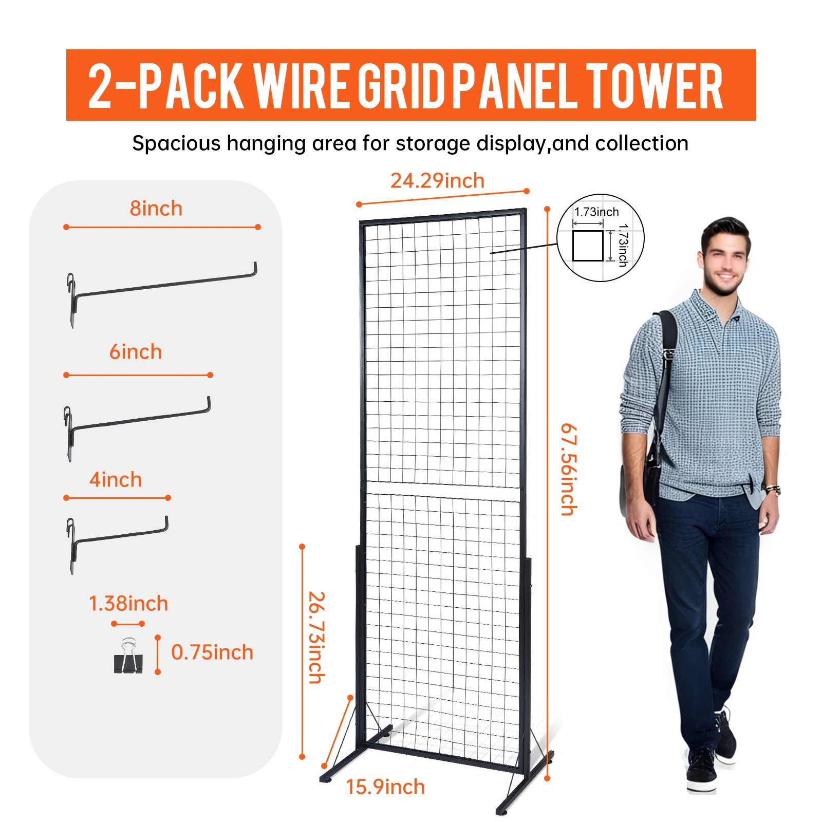 2-Pack 24"x67" Commercial Grid Wall Display with T-Base Stand Double-Sided Wire Panel Includes Hooks & Clips view 5