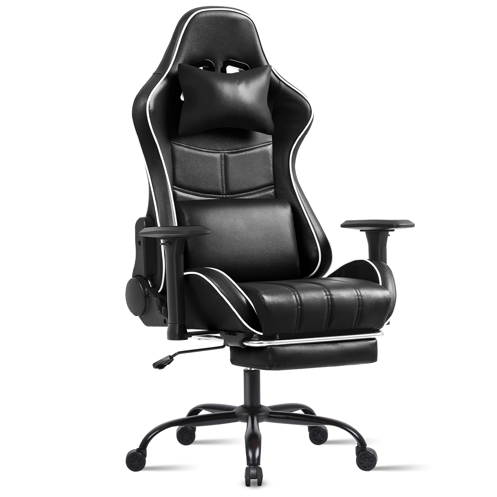 Ergonomic Gaming Chair for Adults, Heavy Duty Office Chair with Footrest & Lumbar Support, 360 Swivel PU Leather Desk Chair, Black