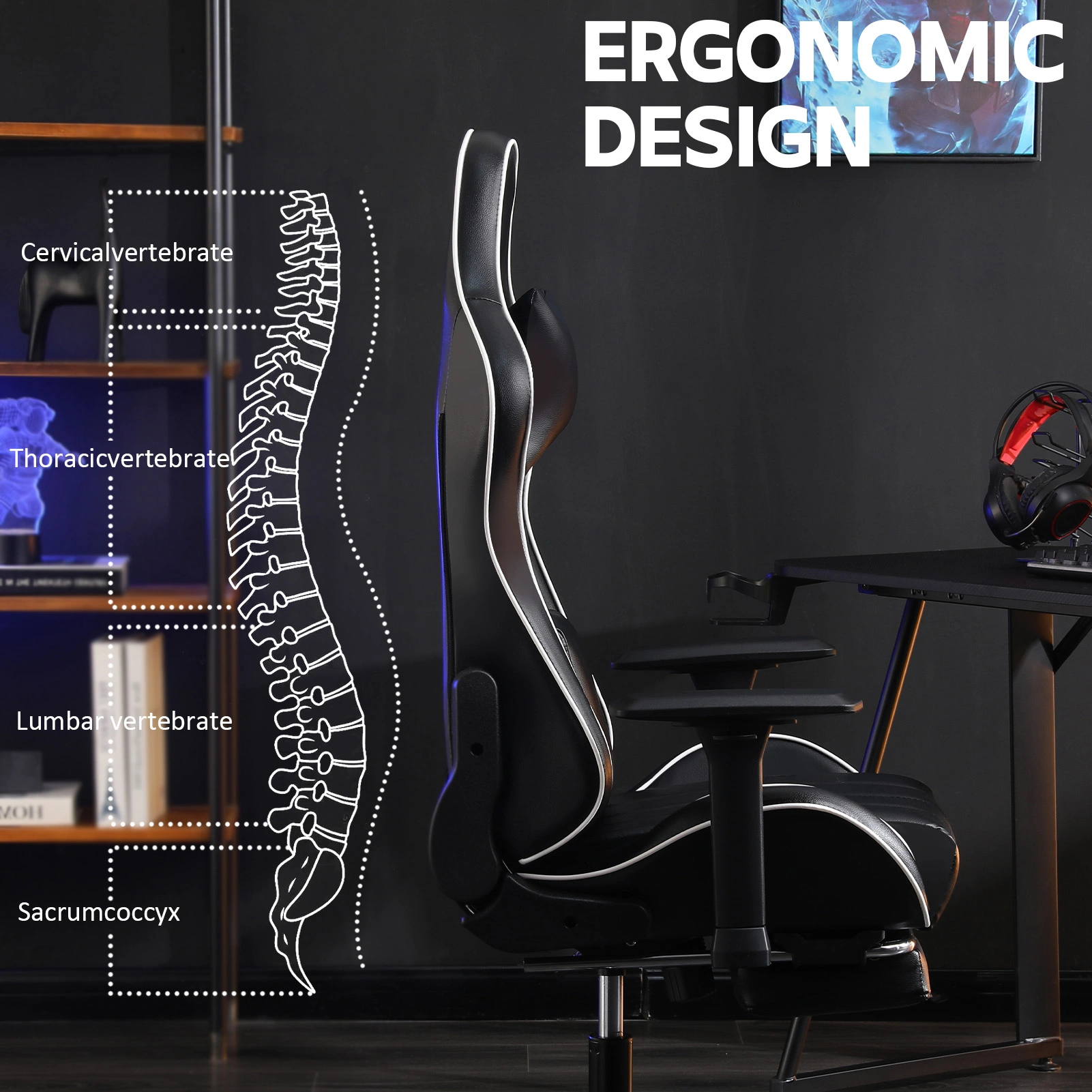 Ergonomic Gaming Chair for Adults, Heavy Duty Office Chair with Footrest & Lumbar Support, 360 Swivel PU Leather Desk Chair, Black view 2