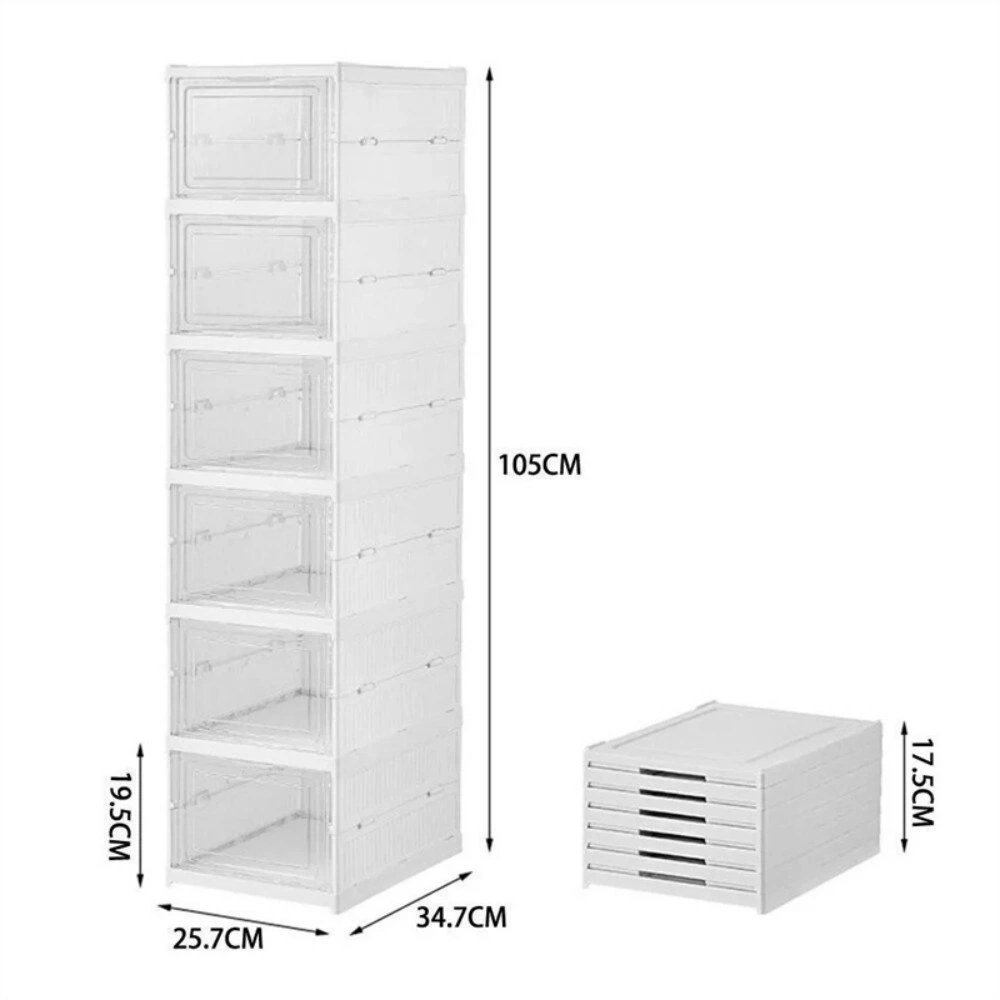 6-Tier Stackable Foldable Shoe Storage Box, Plastic Sneaker Organizer, Space-Saving Shoe Rack