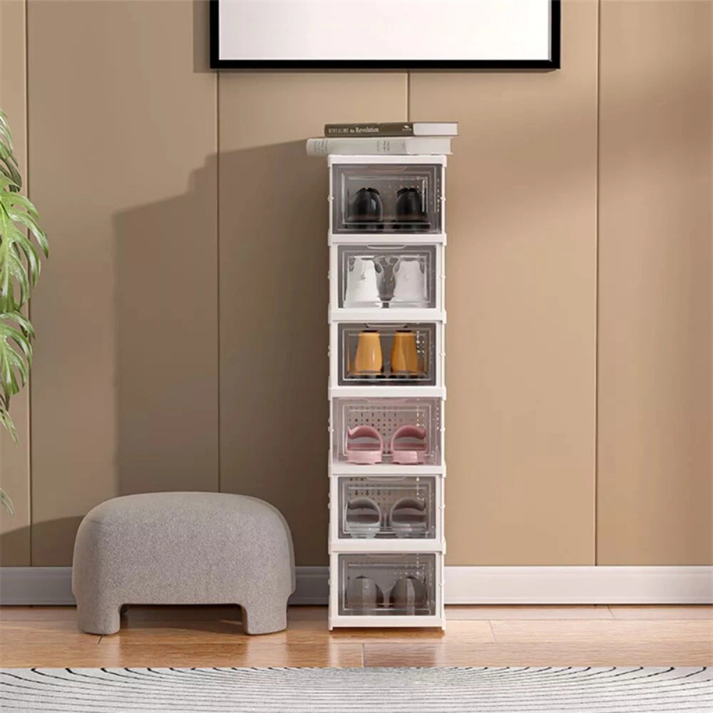 6-Tier Stackable Foldable Shoe Storage Box, Plastic Sneaker Organizer, Space-Saving Shoe Rack view 5