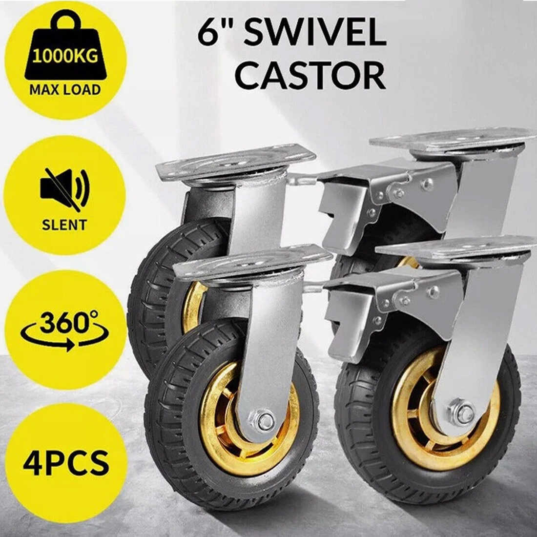 4x 150mm Heavy Duty Swivel Caster Wheels - 300kg Load Capacity, 2 Brakes, Industrial Grade Castors