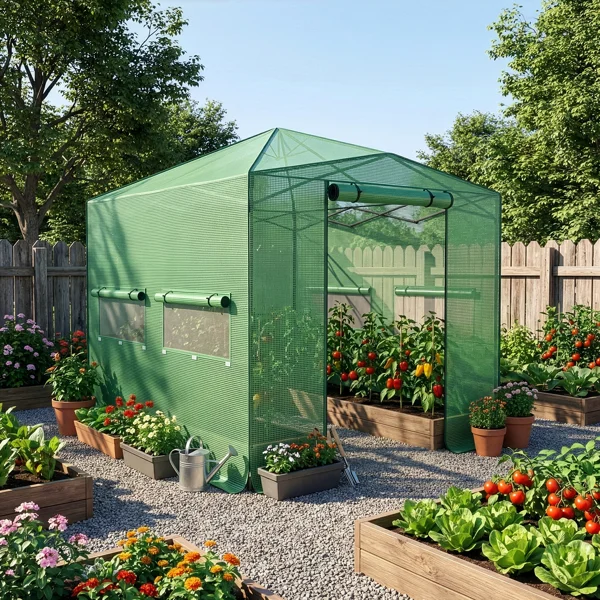 8*12ft Plastic Sprayed Iron Pipe PE Mesh Foldable Greenhouse Shed Green view 5
