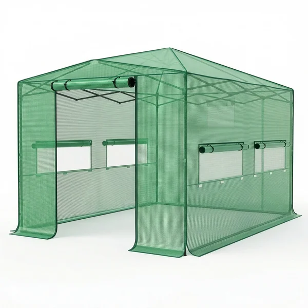 8*12ft Plastic Sprayed Iron Pipe PE Mesh Foldable Greenhouse Shed Green