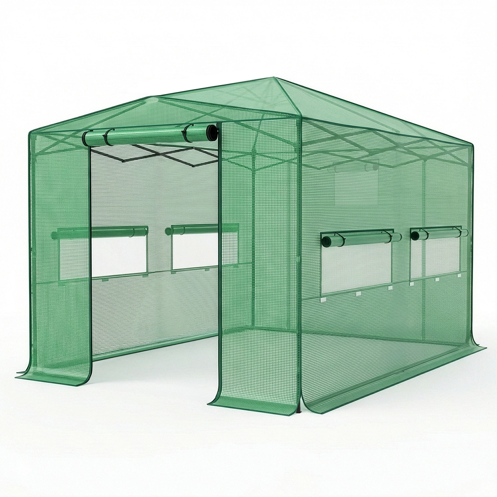 8*12ft Plastic Sprayed Iron Pipe PE Mesh Foldable Greenhouse Shed Green