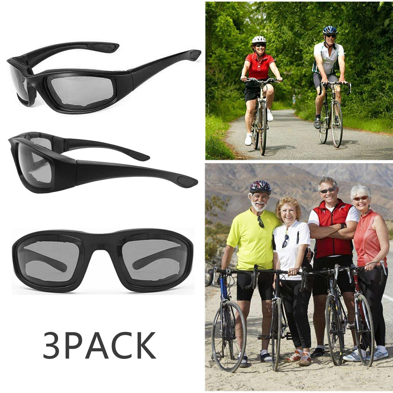 3 Pairs Motorcycle Riding Glasses Wind Resistant Sports Goggles Biker Sunglasses Eye Protection Cycling Sunglass Grey Lens