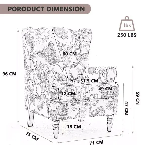 Modern Accent Chair with Retro Wood Legs, Comfy Upholstered Armchair, Floral Design Single Sofa Chair for Living Room Bedroom Office - Floral Blue view 2
