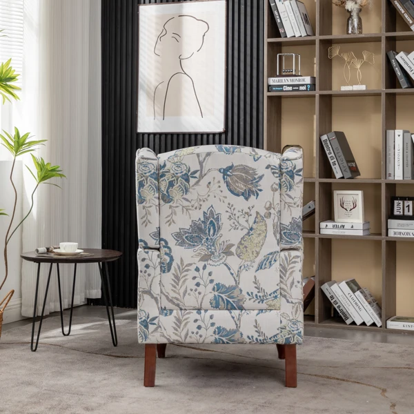 Modern Accent Chair with Retro Wood Legs, Comfy Upholstered Armchair, Floral Design Single Sofa Chair for Living Room Bedroom Office - Floral Blue view 5