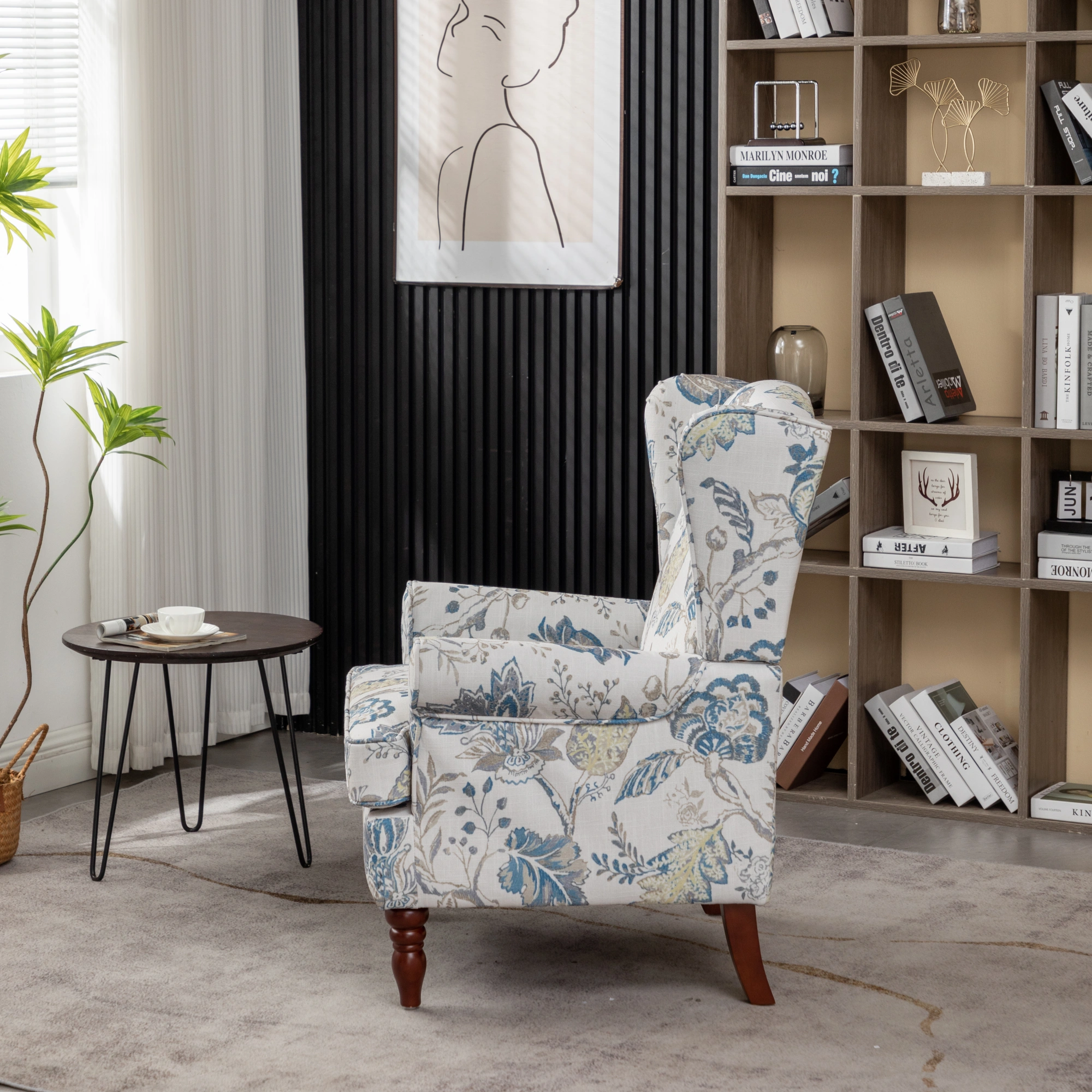 Modern Accent Chair with Retro Wood Legs, Comfy Upholstered Armchair, Floral Design Single Sofa Chair for Living Room Bedroom Office - Floral Blue view 10