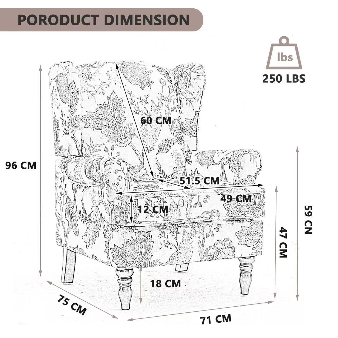Modern Accent Chair with Retro Wood Legs, Comfy Upholstered Armchair, Floral Design Single Sofa Chair for Living Room Bedroom Office - Floral Blue view 2