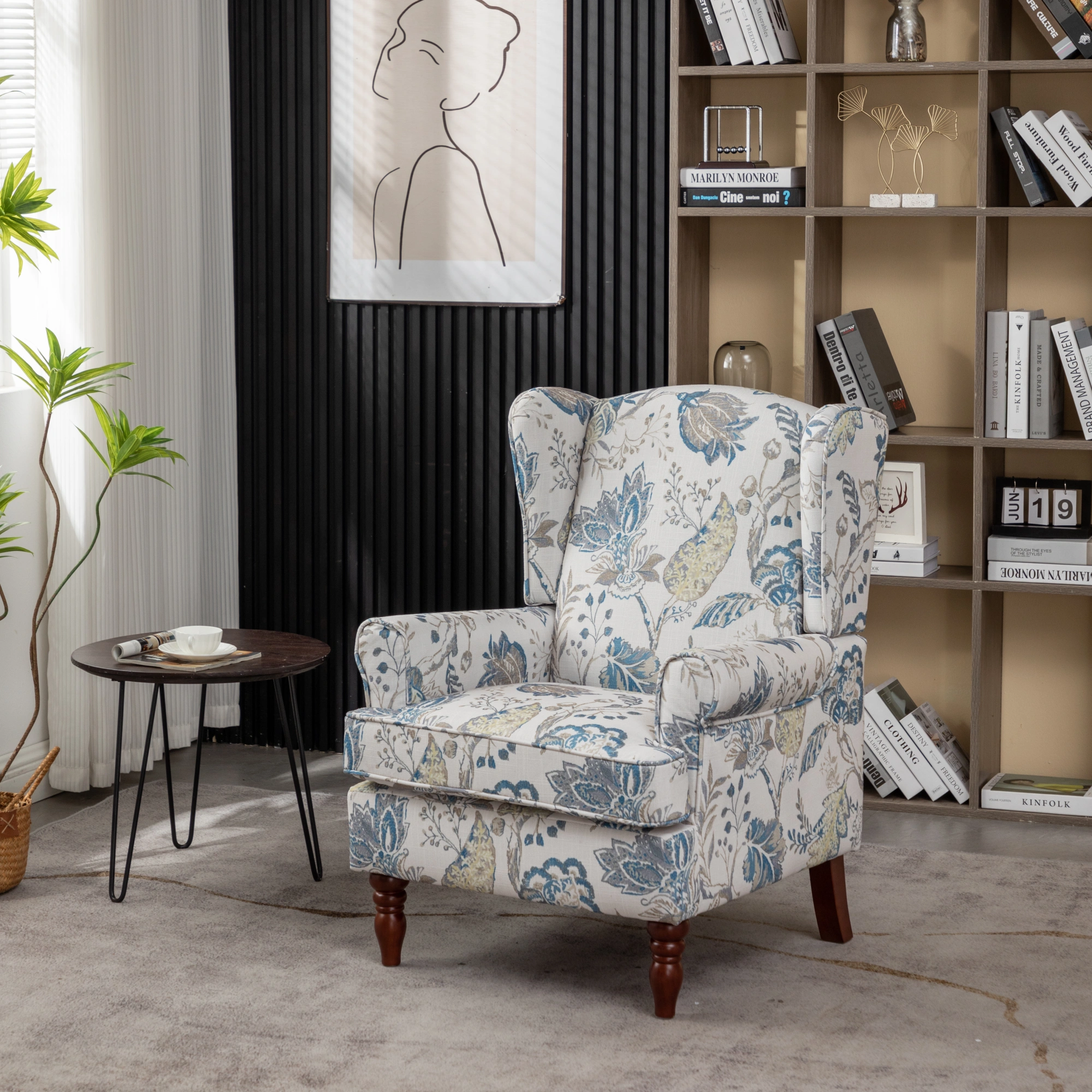 Modern Accent Chair with Retro Wood Legs, Comfy Upholstered Armchair, Floral Design Single Sofa Chair for Living Room Bedroom Office - Floral Blue view 9