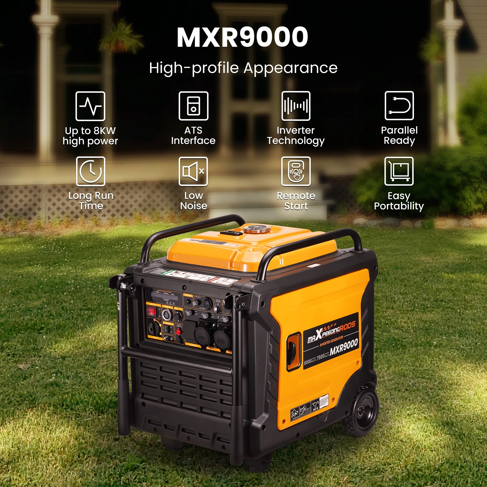 7500W Petrol Inverter Generator Portable, Electric Start w/ ATS Interface & Wheels view 2