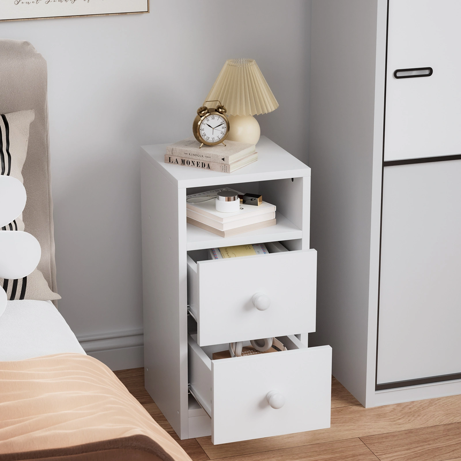 White Nightstand with 2 Drawers Modern Bedside Table for Bedroom Living Room