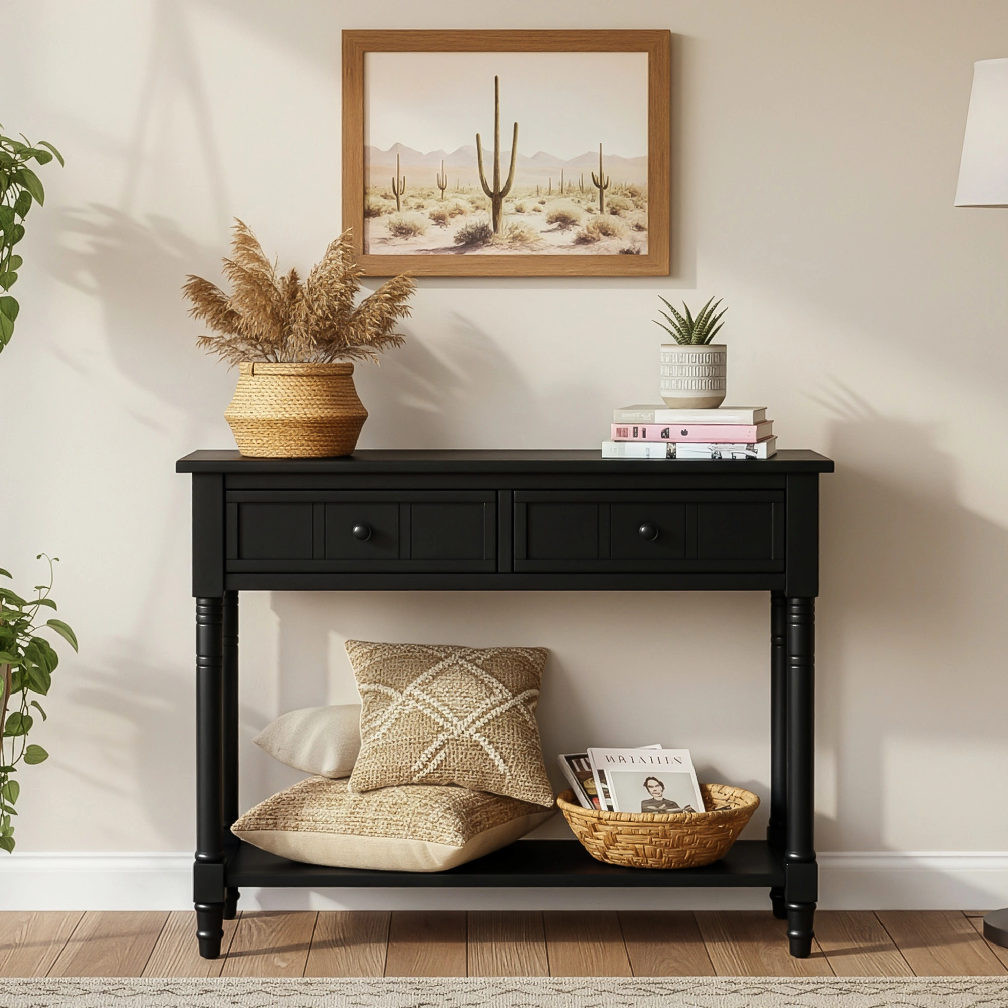 Traditional Console Table with 2 Drawers & Bottom Shelf, Entryway Hallway Table, Black Finish, Living Room Furniture