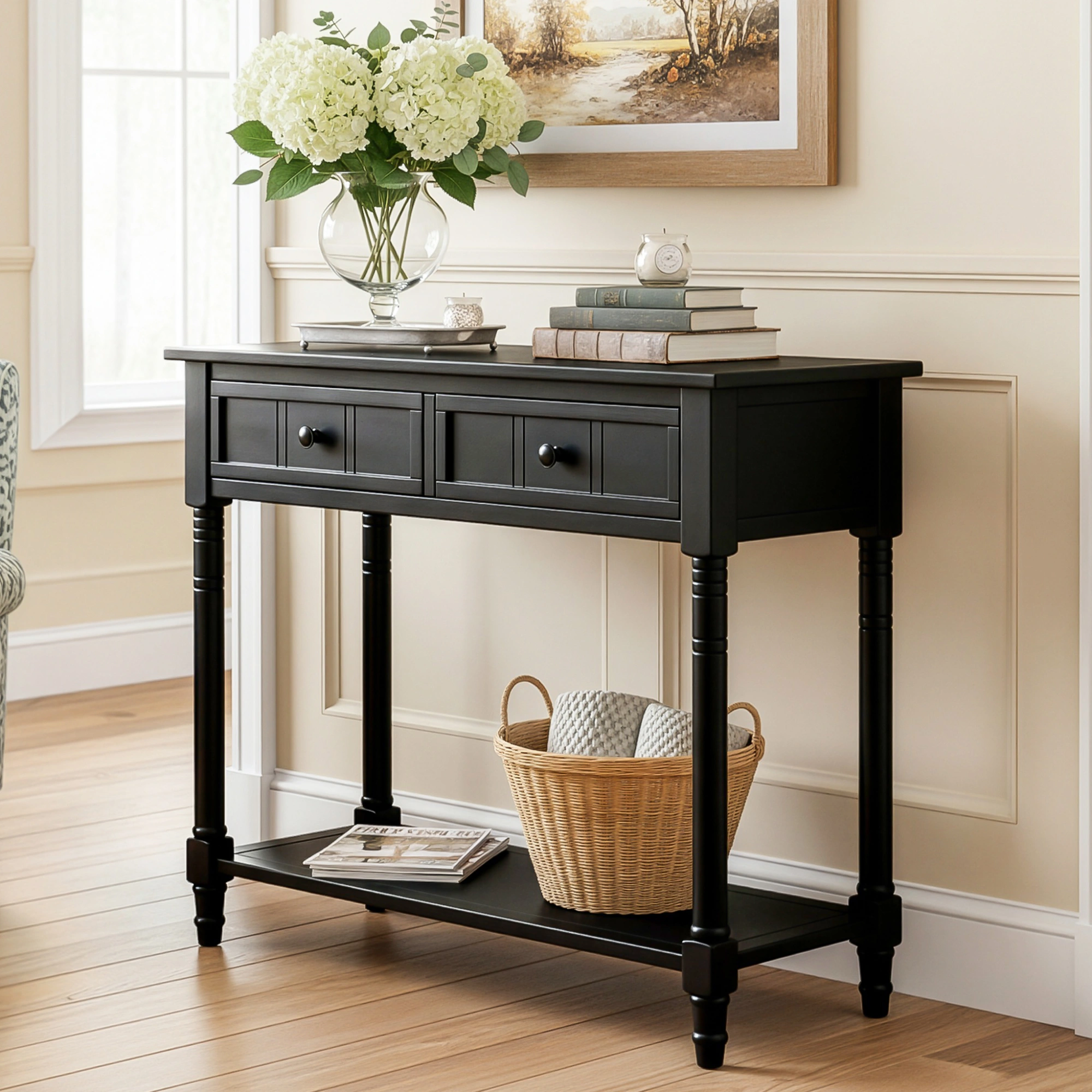 Traditional Console Table with 2 Drawers & Bottom Shelf, Entryway Hallway Table, Black Finish, Living Room Furniture view 2