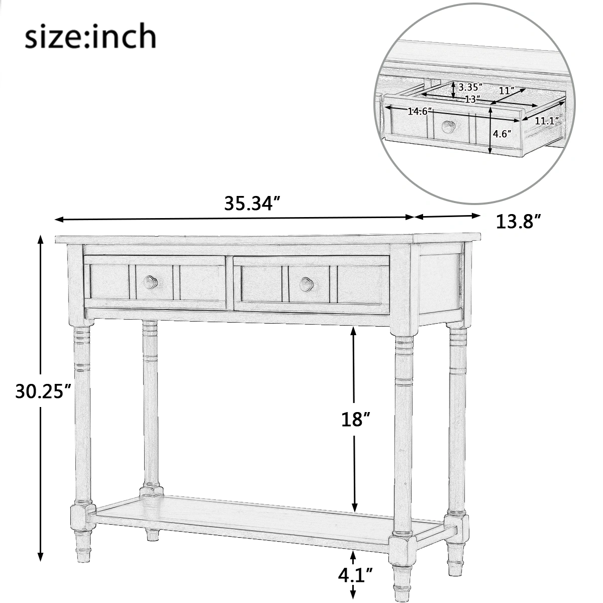 Traditional Console Table with 2 Drawers & Bottom Shelf, Entryway Hallway Table, Black Finish, Living Room Furniture view 6