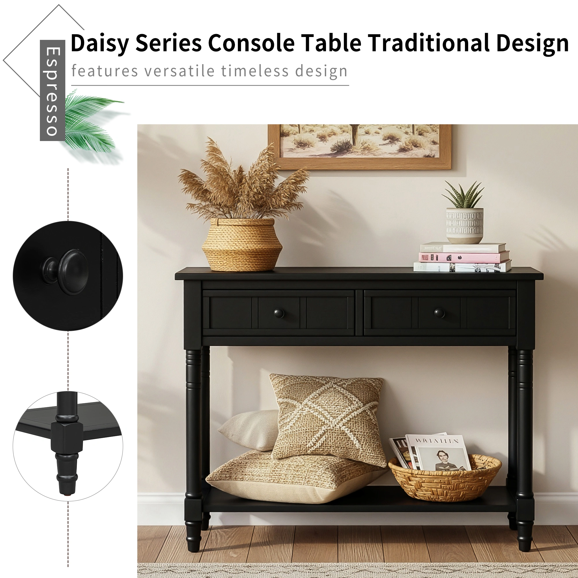 Traditional Console Table with 2 Drawers & Bottom Shelf, Entryway Hallway Table, Black Finish, Living Room Furniture view 7