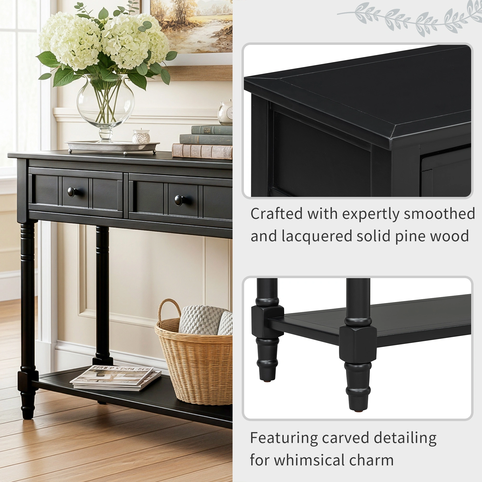 Traditional Console Table with 2 Drawers & Bottom Shelf, Entryway Hallway Table, Black Finish, Living Room Furniture view 9