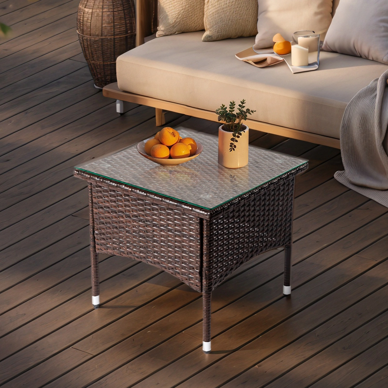 20" Patio Side Table, Outdoor Patio Wicker Square End Table, All-Weather Rattan Coffee Table w/Glass Tabletop for Backyard Deck Porch Poolside, Brown view 11