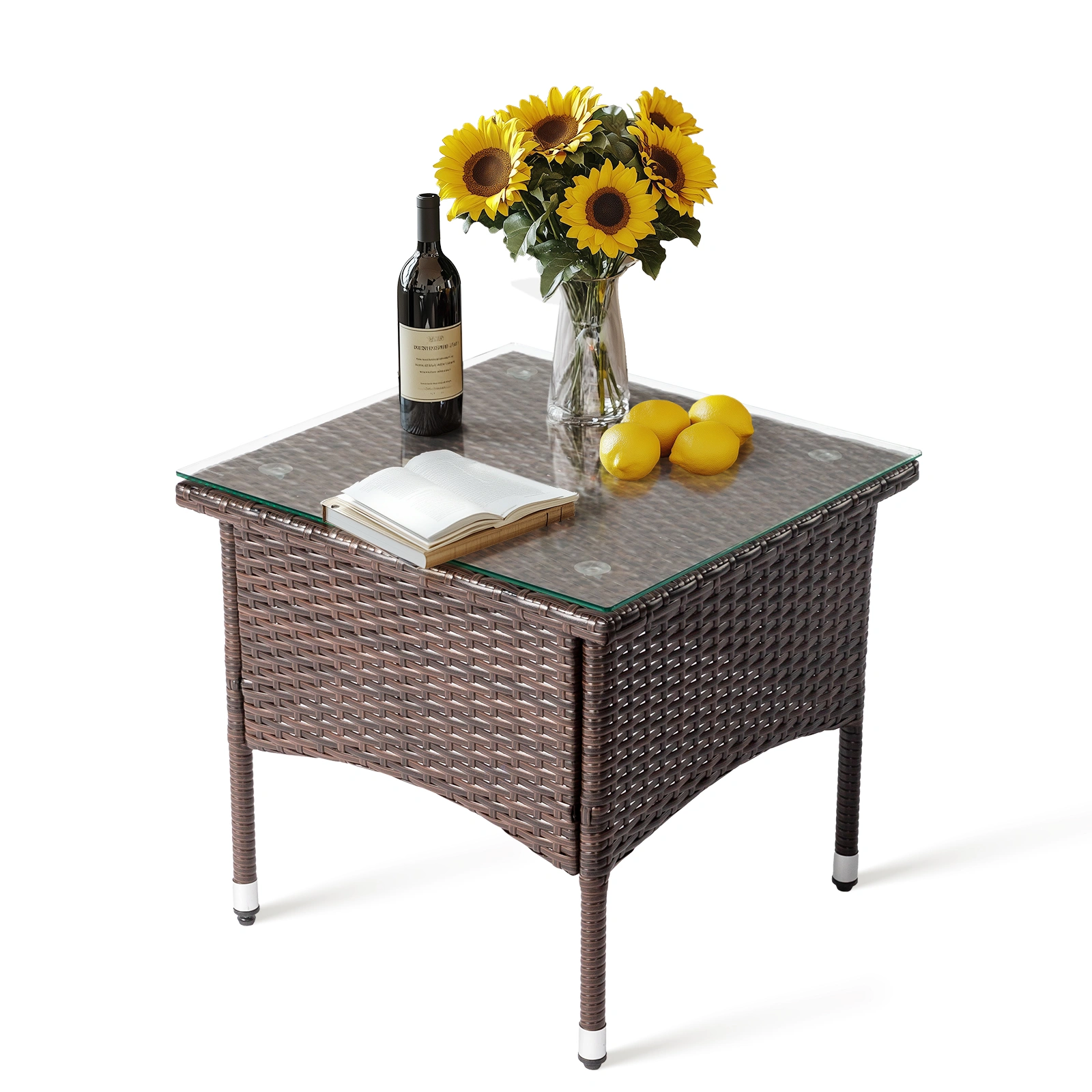 20" Patio Side Table, Outdoor Patio Wicker Square End Table, All-Weather Rattan Coffee Table w/Glass Tabletop for Backyard Deck Porch Poolside, Brown view 12