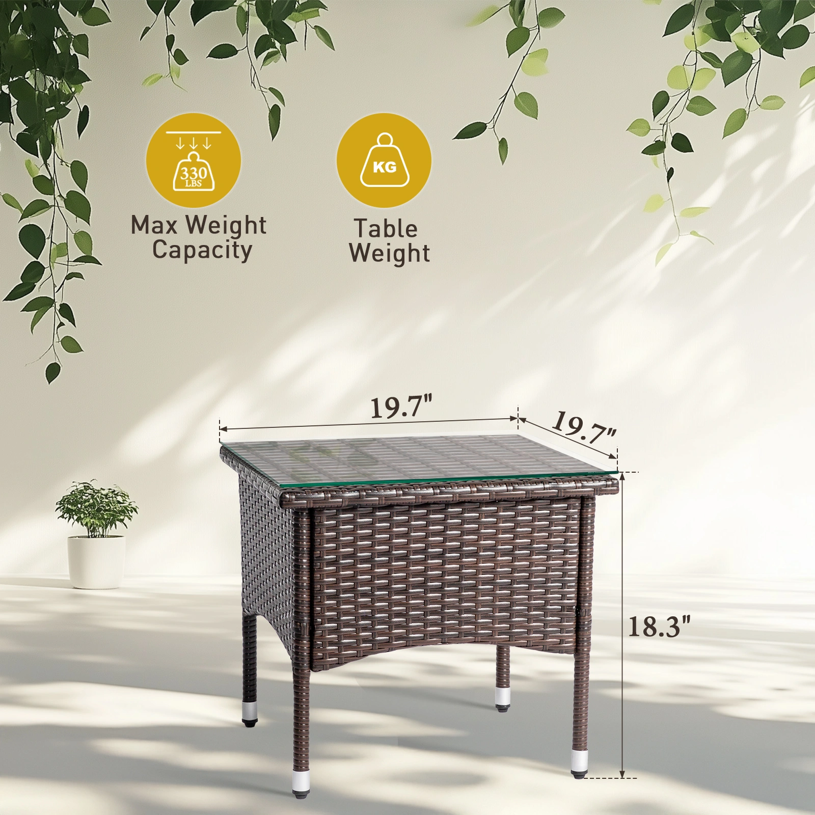 20" Patio Side Table, Outdoor Patio Wicker Square End Table, All-Weather Rattan Coffee Table w/Glass Tabletop for Backyard Deck Porch Poolside, Brown view 13