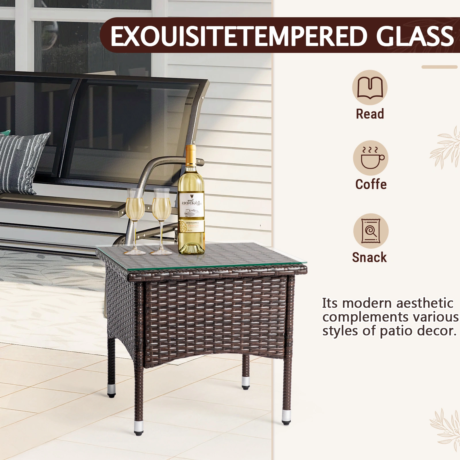 20" Patio Side Table, Outdoor Patio Wicker Square End Table, All-Weather Rattan Coffee Table w/Glass Tabletop for Backyard Deck Porch Poolside, Brown view 16