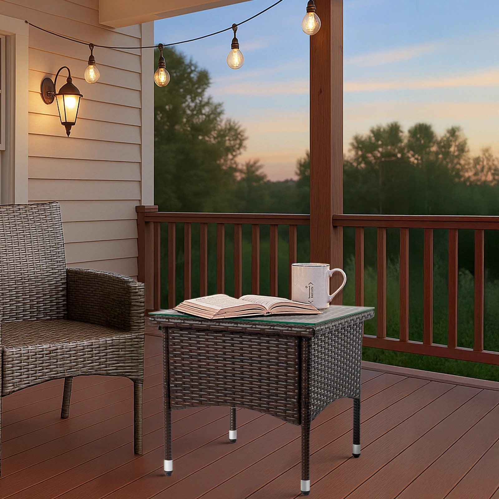 20" Patio Side Table, Outdoor Patio Wicker Square End Table, All-Weather Rattan Coffee Table w/Glass Tabletop for Backyard Deck Porch Poolside, Brown view 17