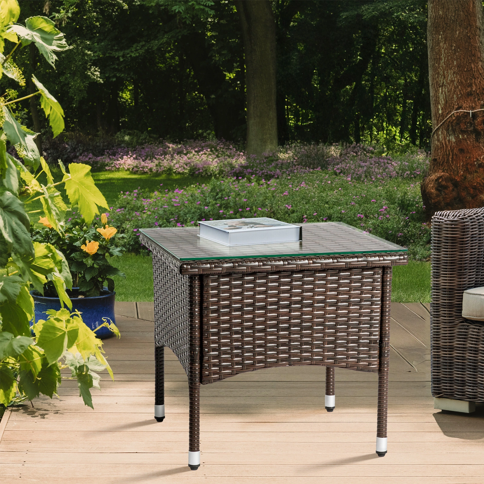 20" Patio Side Table, Outdoor Patio Wicker Square End Table, All-Weather Rattan Coffee Table w/Glass Tabletop for Backyard Deck Porch Poolside, Brown view 18