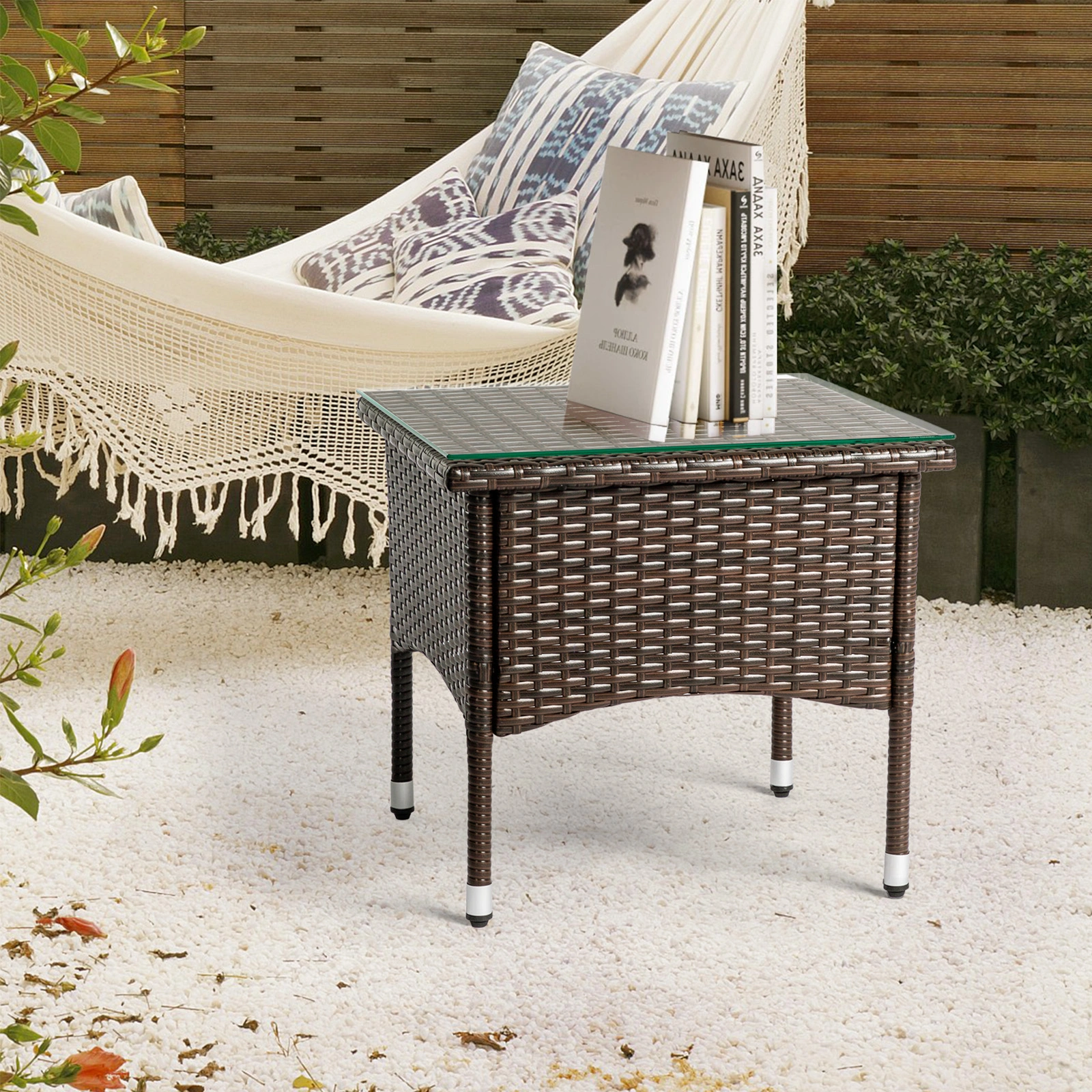 20" Patio Side Table, Outdoor Patio Wicker Square End Table, All-Weather Rattan Coffee Table w/Glass Tabletop for Backyard Deck Porch Poolside, Brown view 19