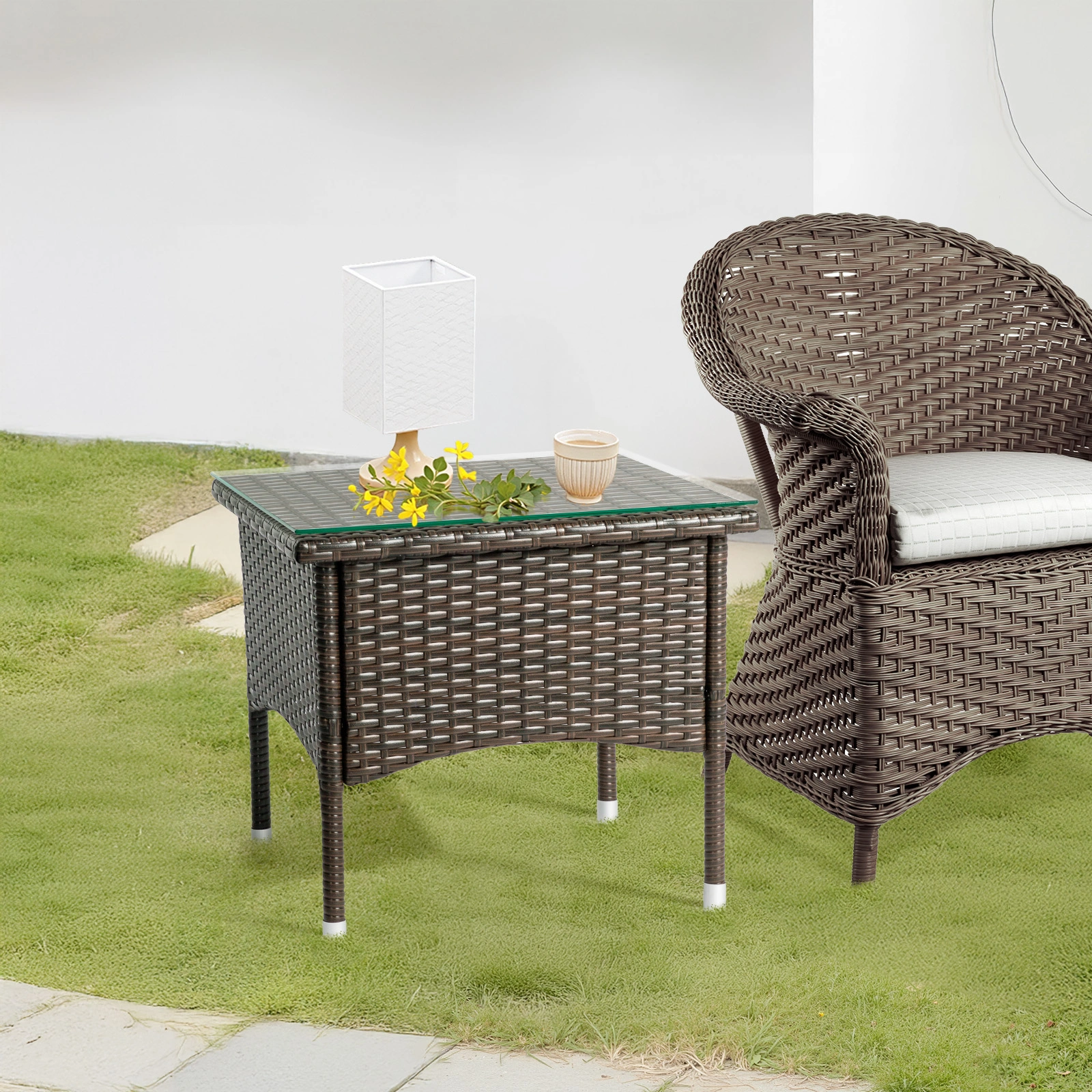 20" Patio Side Table, Outdoor Patio Wicker Square End Table, All-Weather Rattan Coffee Table w/Glass Tabletop for Backyard Deck Porch Poolside, Brown view 20