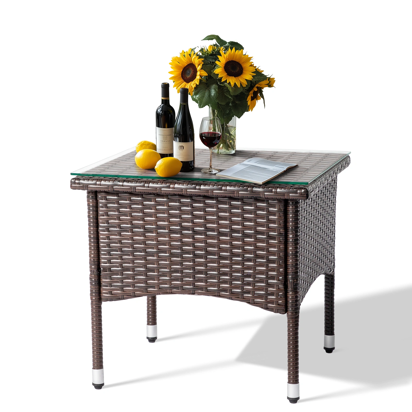 20" Patio Side Table, Outdoor Patio Wicker Square End Table, All-Weather Rattan Coffee Table w/Glass Tabletop for Backyard Deck Porch Poolside, Brown view 21