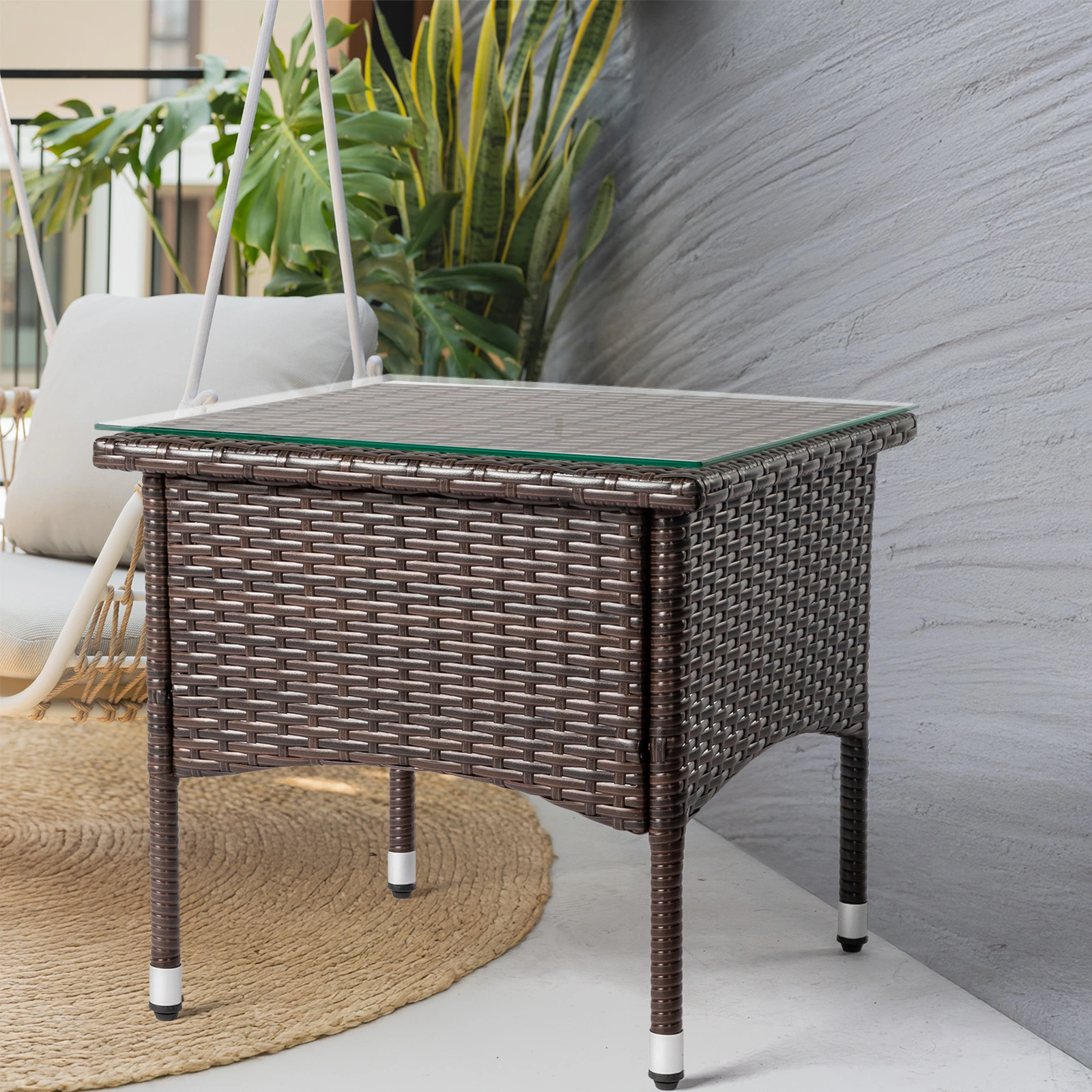 20" Patio Side Table, Outdoor Patio Wicker Square End Table, All-Weather Rattan Coffee Table w/Glass Tabletop for Backyard Deck Porch Poolside, Brown view 6