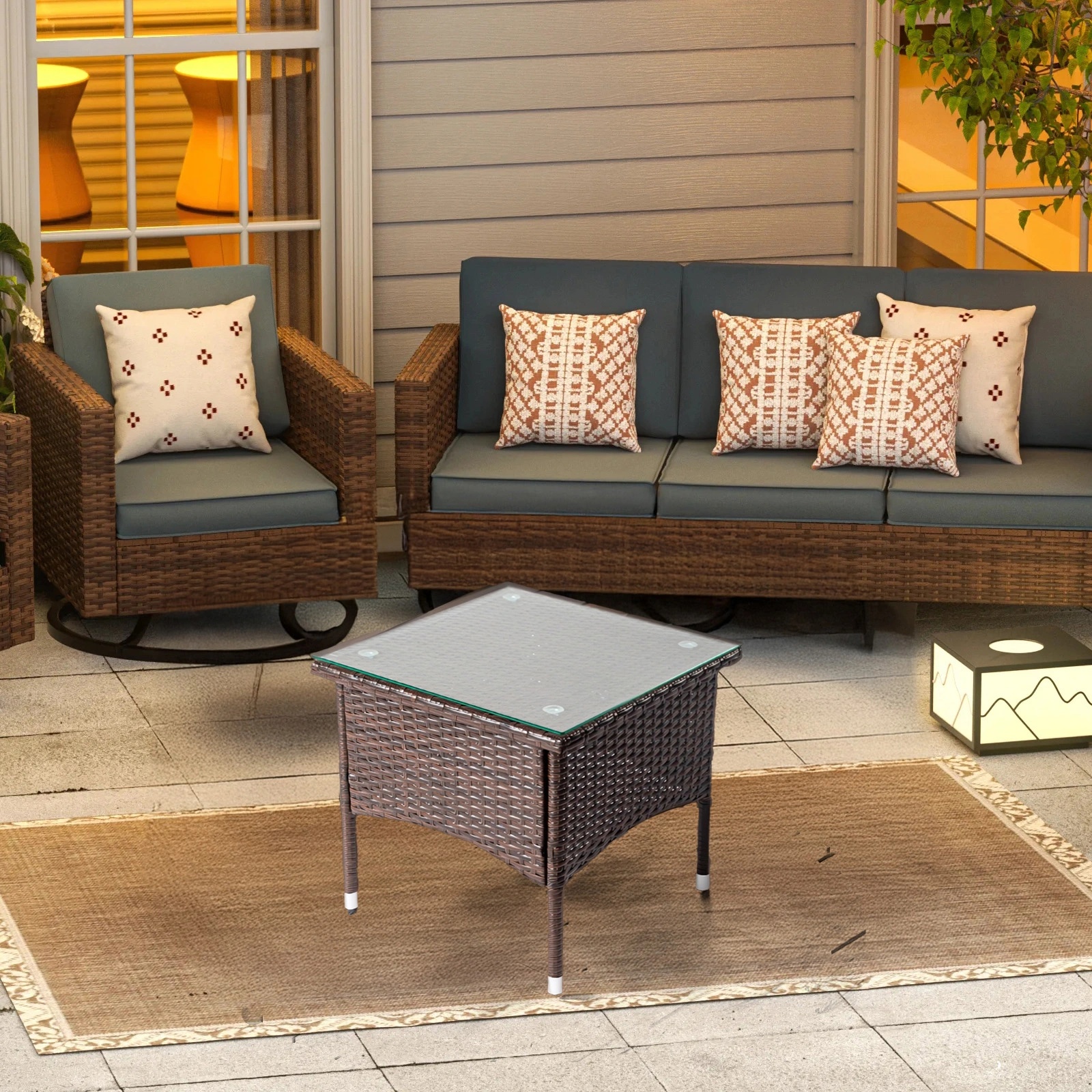 20" Patio Side Table, Outdoor Patio Wicker Square End Table, All-Weather Rattan Coffee Table w/Glass Tabletop for Backyard Deck Porch Poolside, Brown view 8