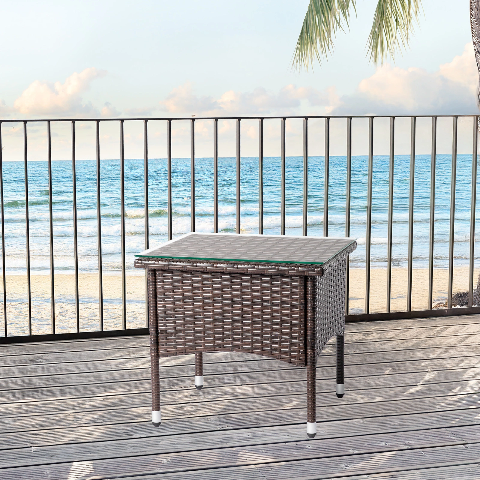 20" Patio Side Table, Outdoor Patio Wicker Square End Table, All-Weather Rattan Coffee Table w/Glass Tabletop for Backyard Deck Porch Poolside, Brown view 9