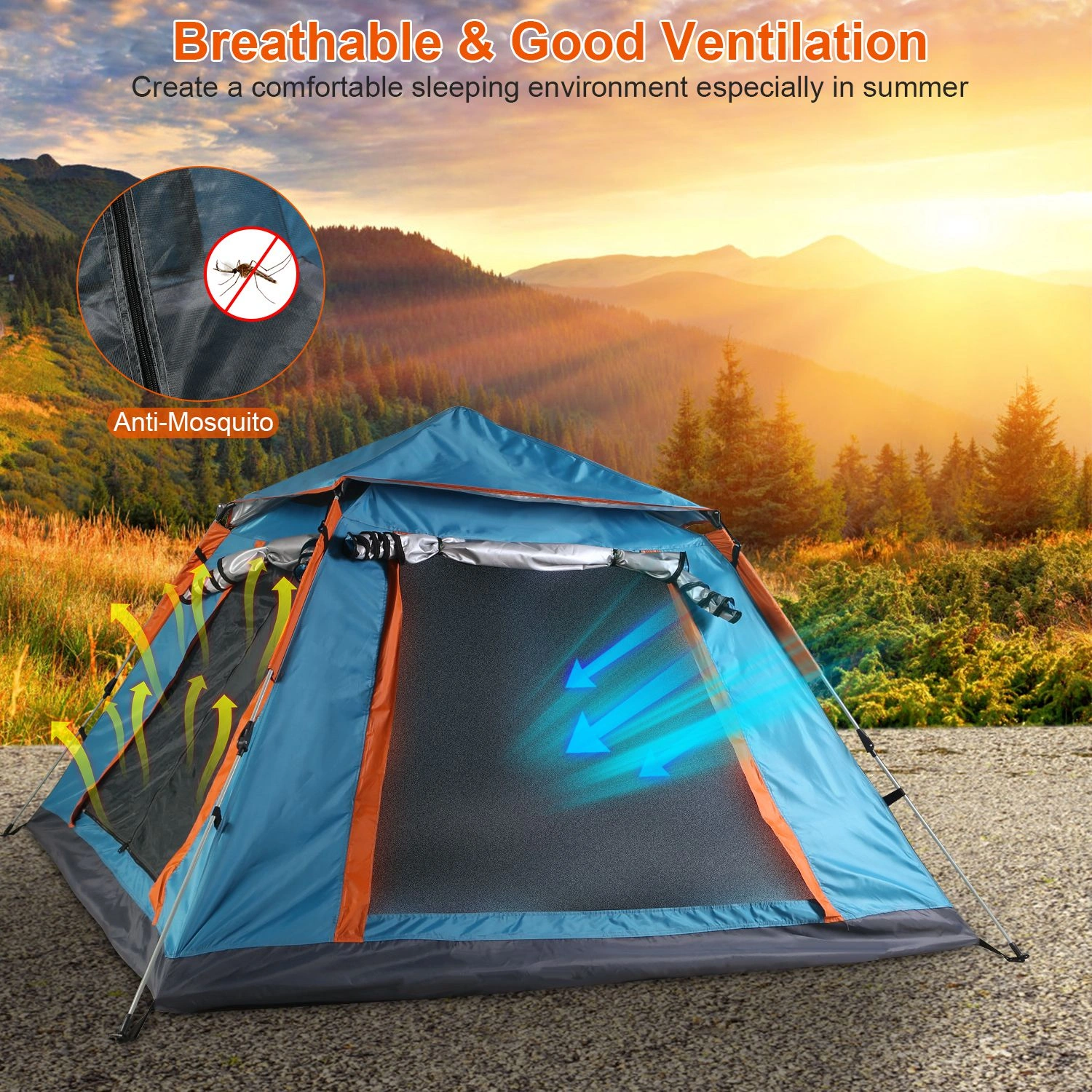 4-5 Person Pop-Up Camping Tent, Instant Setup Family Tent with 2 Mosquito Nets Windows, Portable for Hiking, Backpacking & Outdoor Adventures, Waterproof & Windproof--Blue view 3