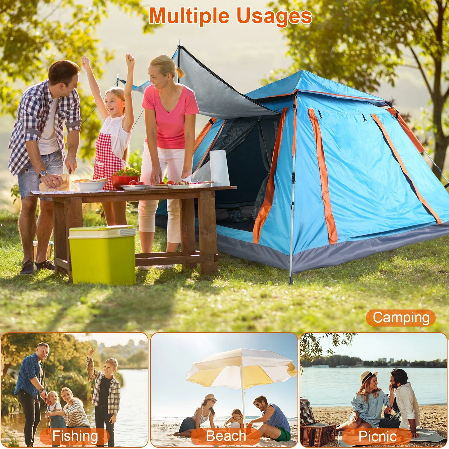 4-5 Person Pop-Up Camping Tent, Instant Setup Family Tent with 2 Mosquito Nets Windows, Portable for Hiking, Backpacking & Outdoor Adventures, Waterproof & Windproof--Blue view 5