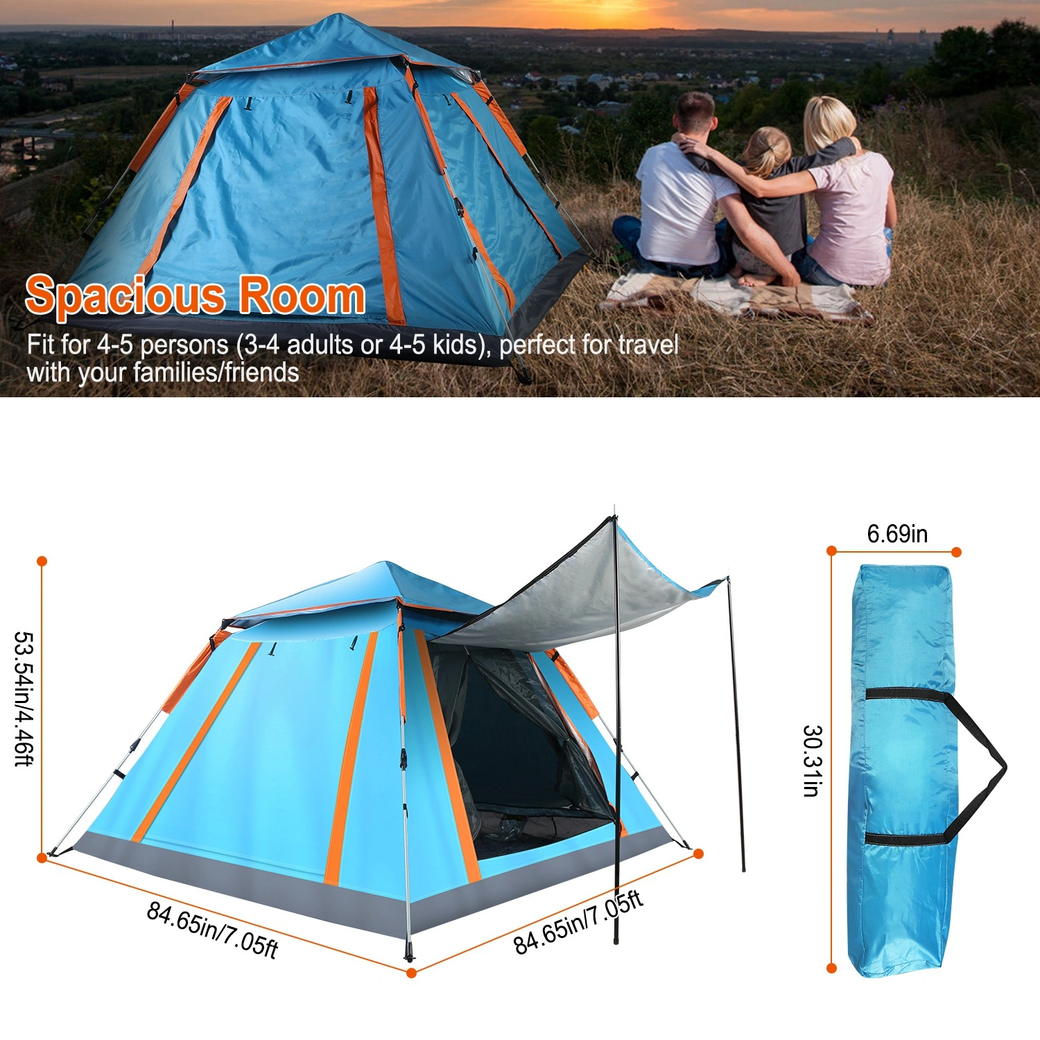 4-5 Person Pop-Up Camping Tent, Instant Setup Family Tent with 2 Mosquito Nets Windows, Portable for Hiking, Backpacking & Outdoor Adventures, Waterproof & Windproof--Blue view 9
