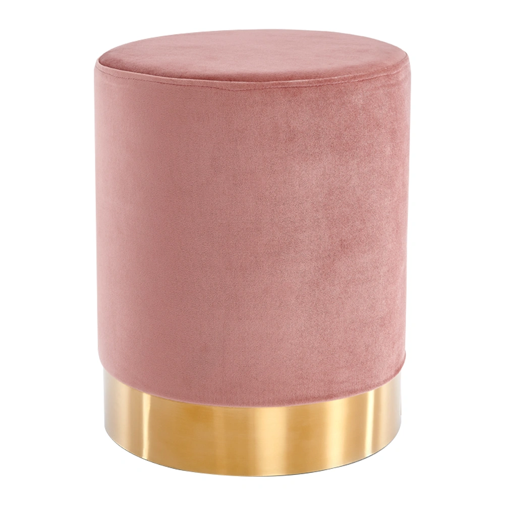 Pink Velvet Round Vanity Stool - Vintage Upholstered Ottoman Footrest with Gold Metal Base, Dressing Table Pouffe for Bedroom & Living Room