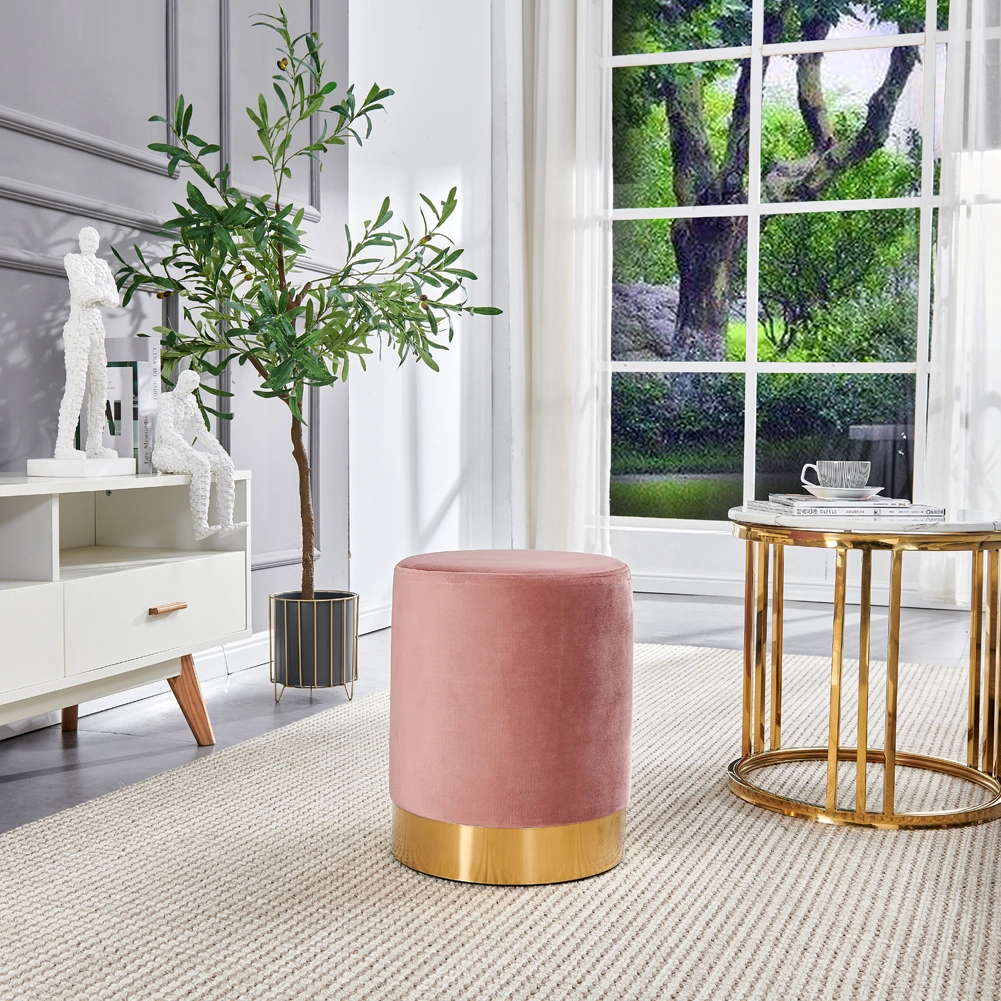 Pink Velvet Round Vanity Stool - Vintage Upholstered Ottoman Footrest with Gold Metal Base, Dressing Table Pouffe for Bedroom & Living Room view 2