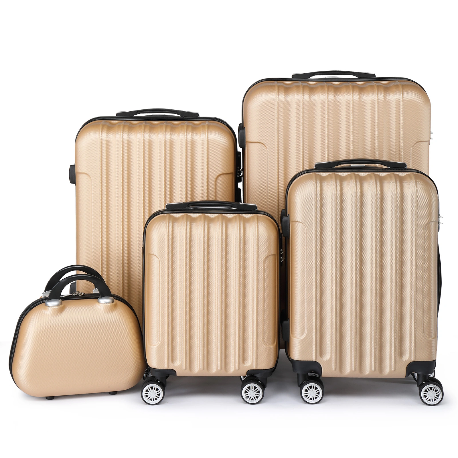 ABS Luggage Set 5 Piece Vertical Stripe 16 20 24 28 Inch with 12in Handbag Steel Telescopic Handle Champagne Gold view 3